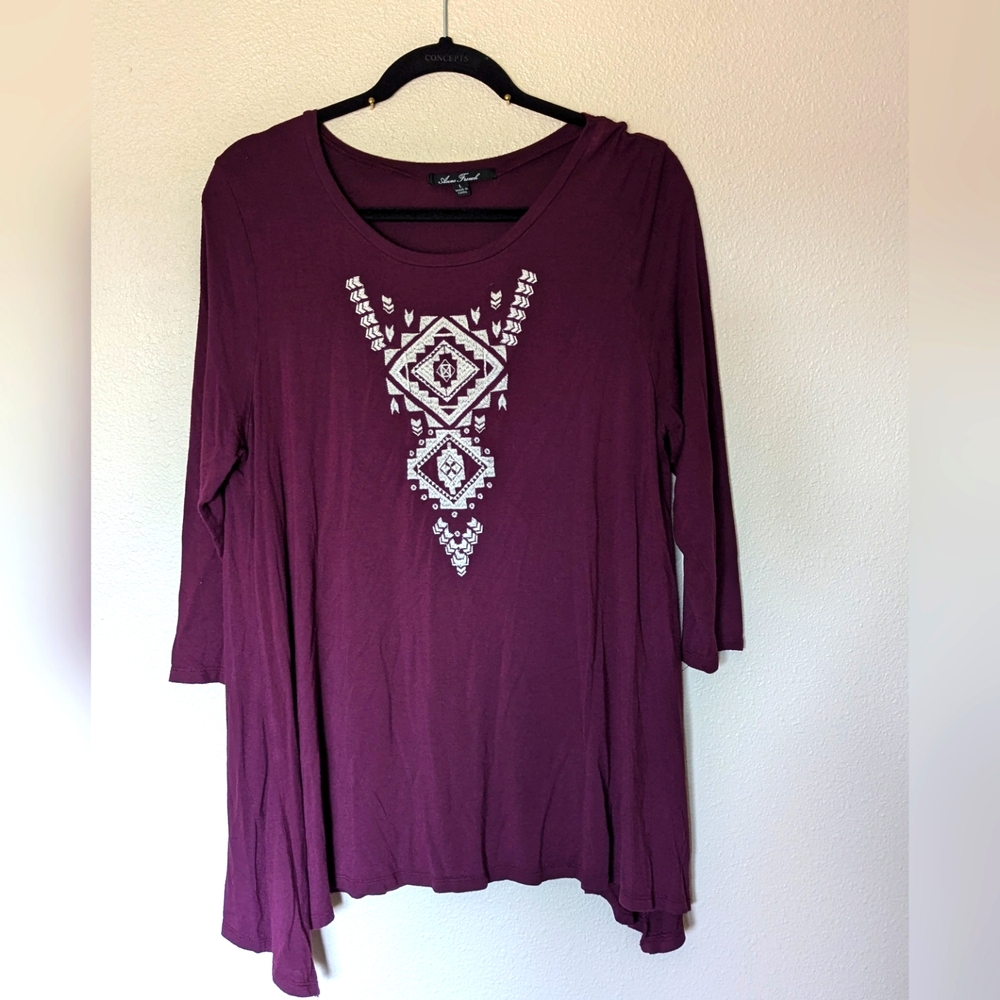 NWOT Anne French Wine Colored Embroidered Boho Top Size L
